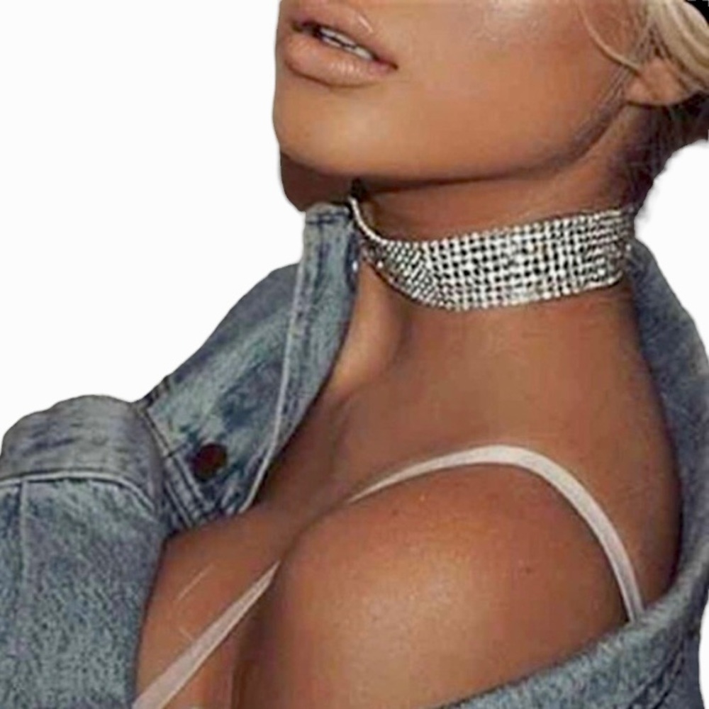 White Rhinestone Soft-Mesh 12 Row Adjustable Choker NIP